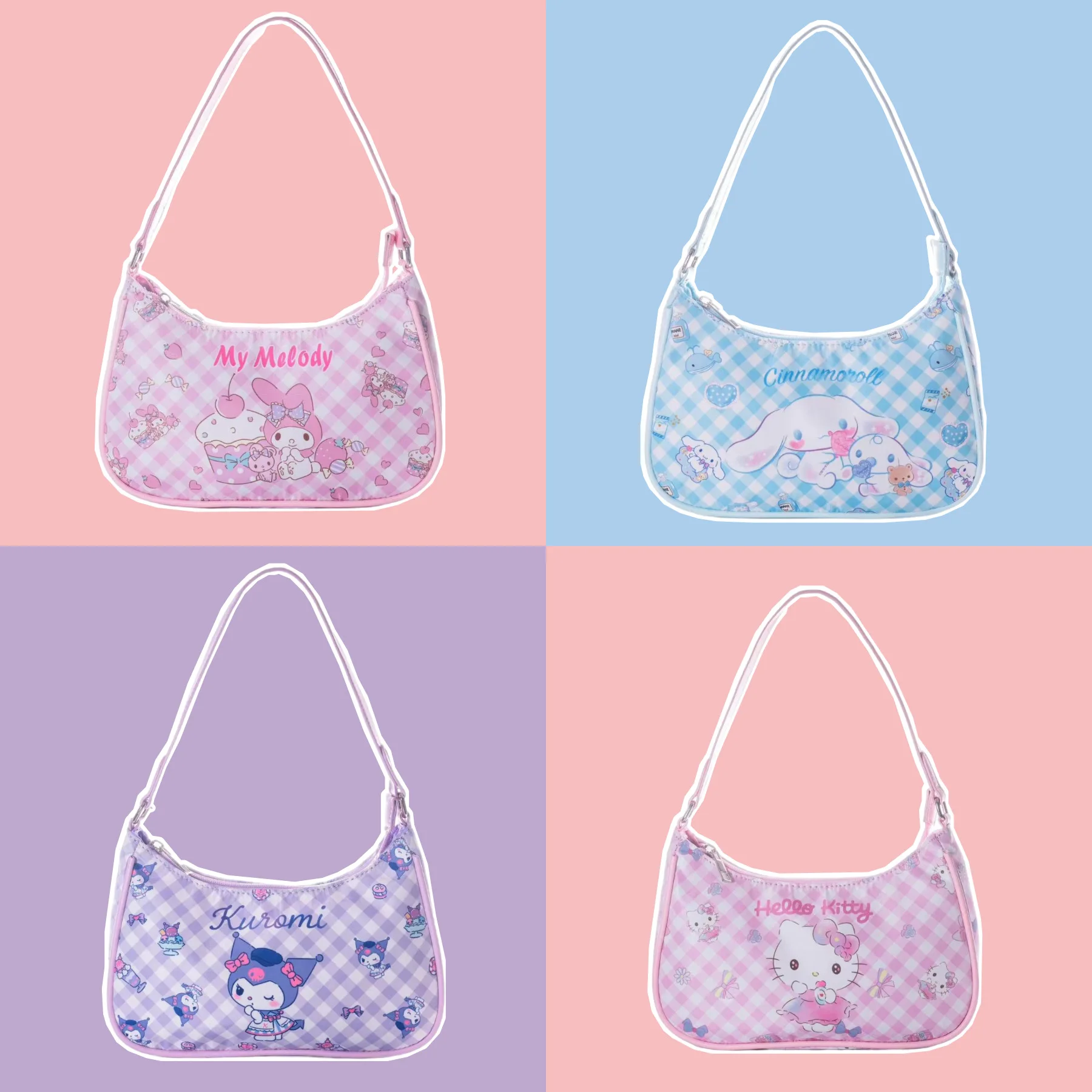 

Sanrio My Melody Cinnamoroll Kuromi Hello Kitty Cute Gingham Hobo Bag Cartoon Shoulder Bag Casual Daily Wear for Women