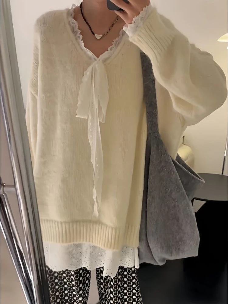 

Японский свободный свитер для офиса, осень-зима, большие наряды Y2k, Y2K, корейский вязаный пуловер с тонким бантом, женский милый кружевной пуловер