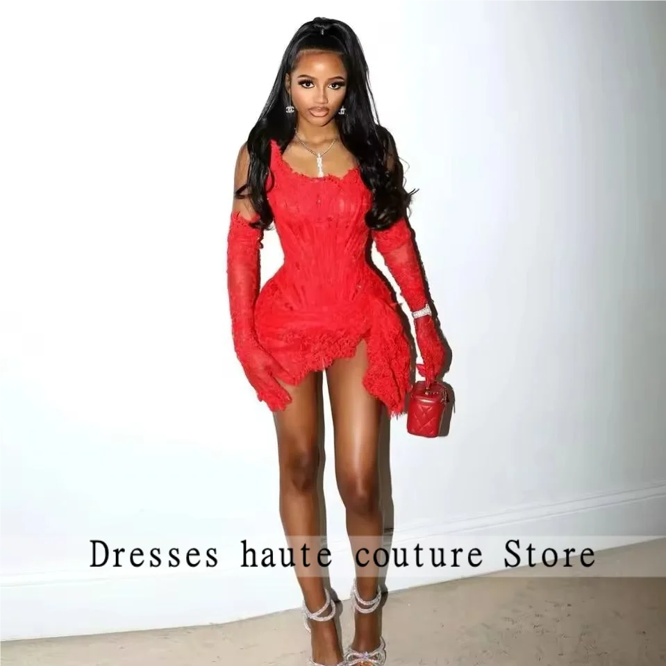 

Sexy Short Lace Prom Dresses Mini Length Aso Ebi Style Gloves Women Evening Gowns For Wedding Black Girls Party Dress Customized