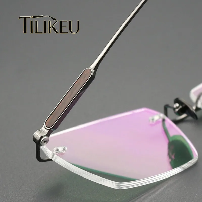 Vintage Wooden Pure Titanium Rimless Glasses Frame for Men Workplace Business Square Frameless Eyeglasses Frame Male Big Face