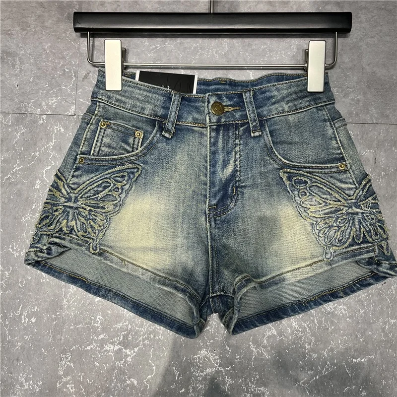 

Retro Washed Embroidery Denim Shorts Women's High Waist Straight Leg Casual Hot Pants Summer Fashion Versatile