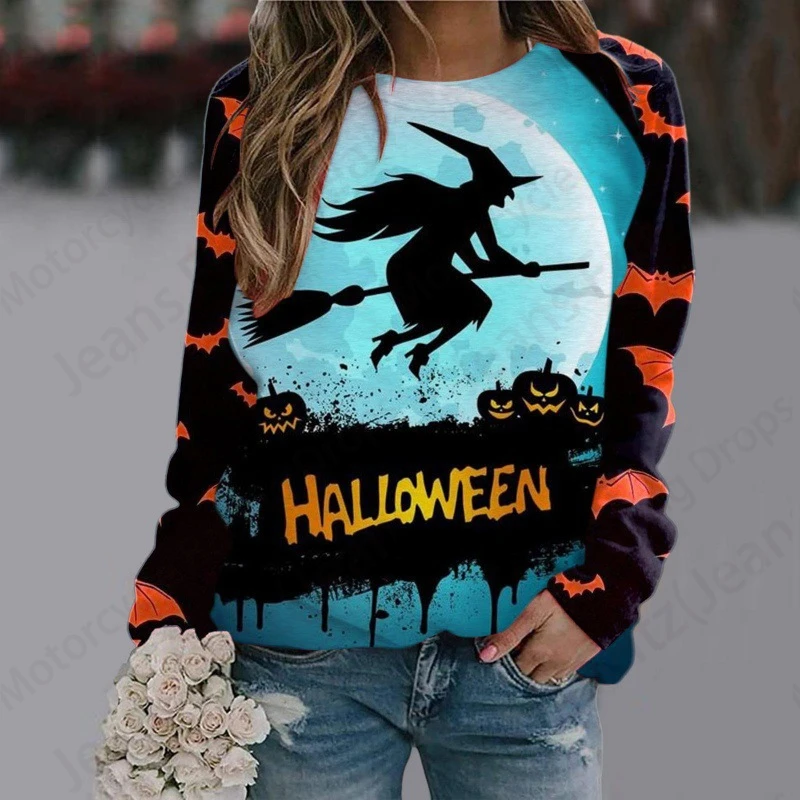 Halloween Hoodie Women Fashion O-neck Hoodies Women Sweats Witch Coat Girl Clothes O-neck Long Sleeve Hoodie Female Falls Skull