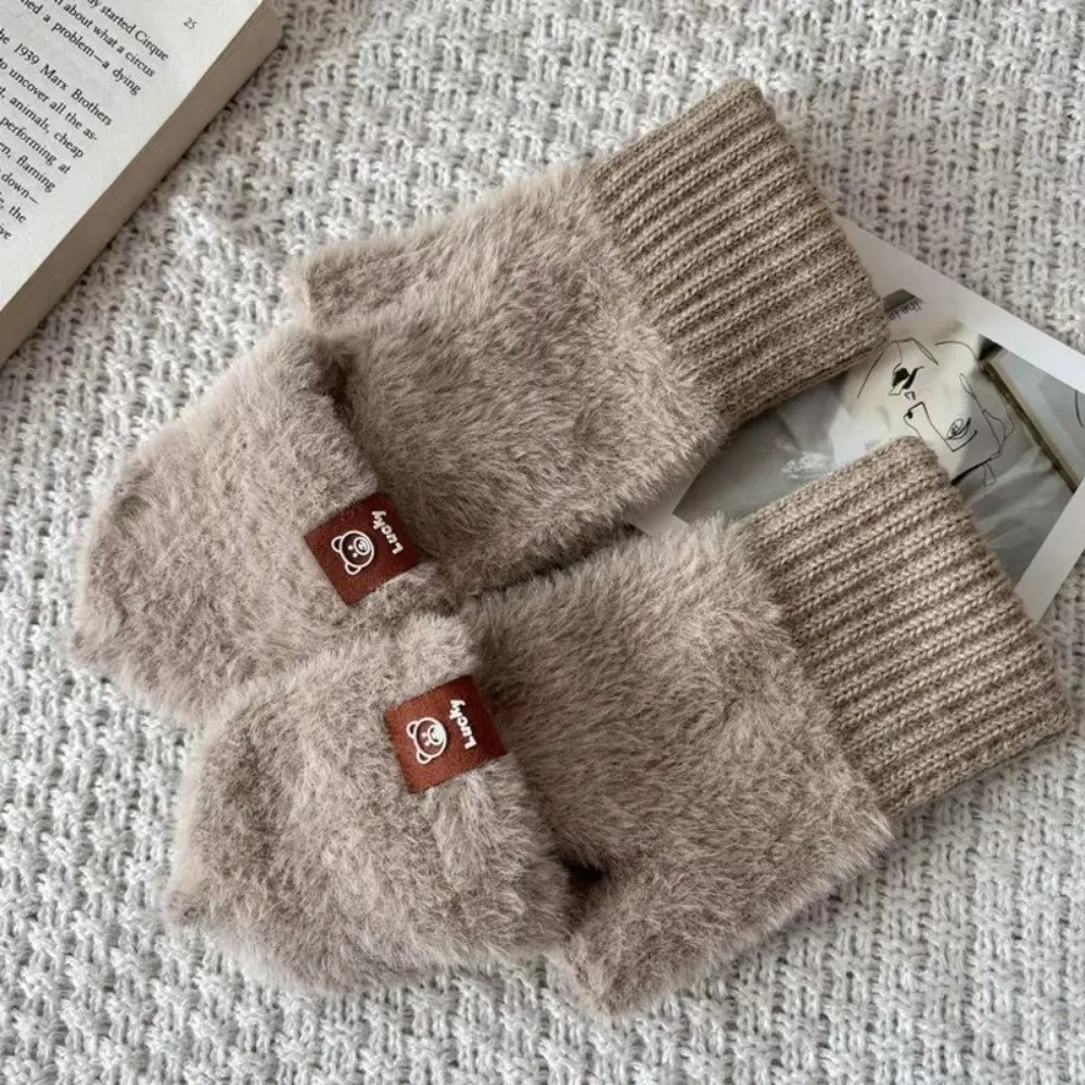 Korean Autumn Winter Half Finger Gloves Warm Touchscreen Gloves Thickened Anti-Cold Flip Cover Gloves Student Writing Gloves