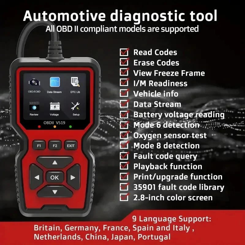 V519 V309 OBD2 Scanner Live Data Professional Mechanic Diagnostic Code Reader Tool Check Engine Light Battery Voltage Testing