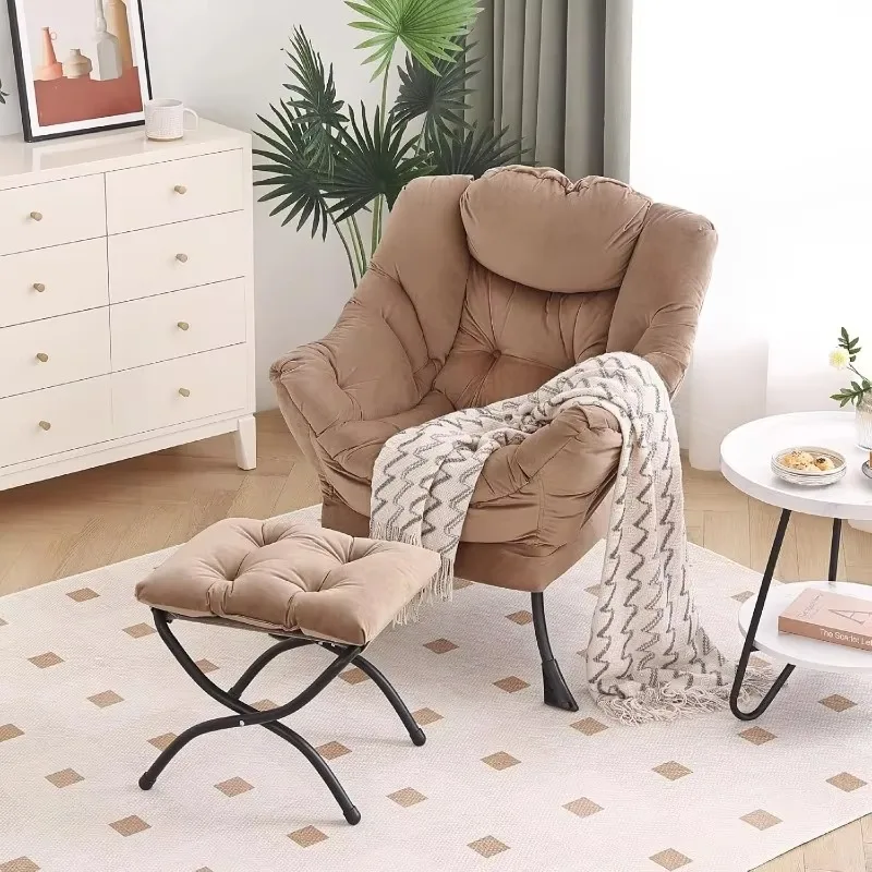 Lazy Chair with Ottoman, Modern Chair with Folding Footrest, for Bedroom, Study, Living Room, Courtyard (Khaki)