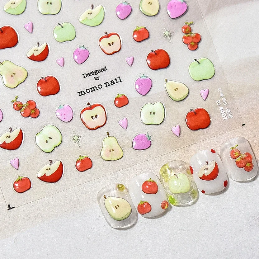 Food Heart Fruit Cherry Heart Lemon Strawberry Pineapple Jelly Red Green Apple Pear Soft Embossed Relief Nail Art Stickers Decal