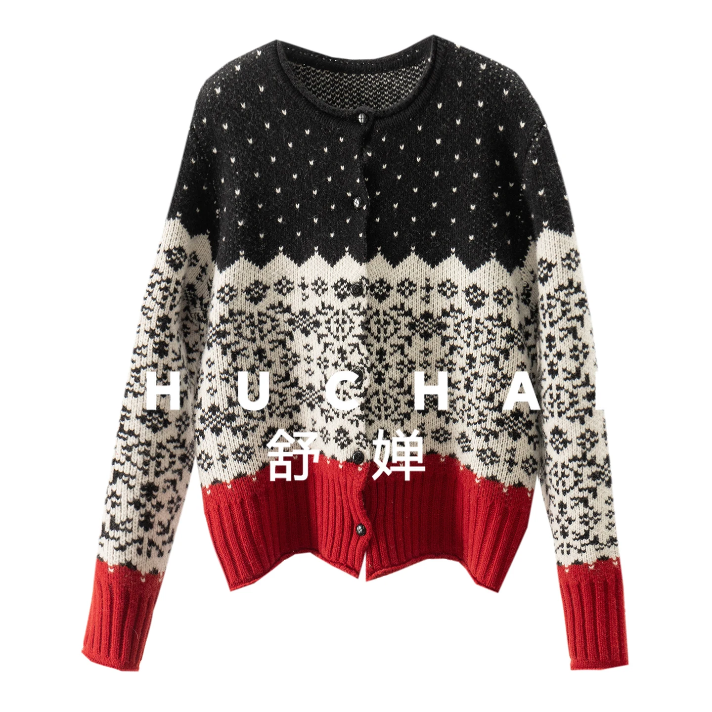 

SHUCHAN Cardigan Christmas Red Is Too Good-looking Double-sided, 100% Wool Crew Neck Sweater Female 570g 70F8