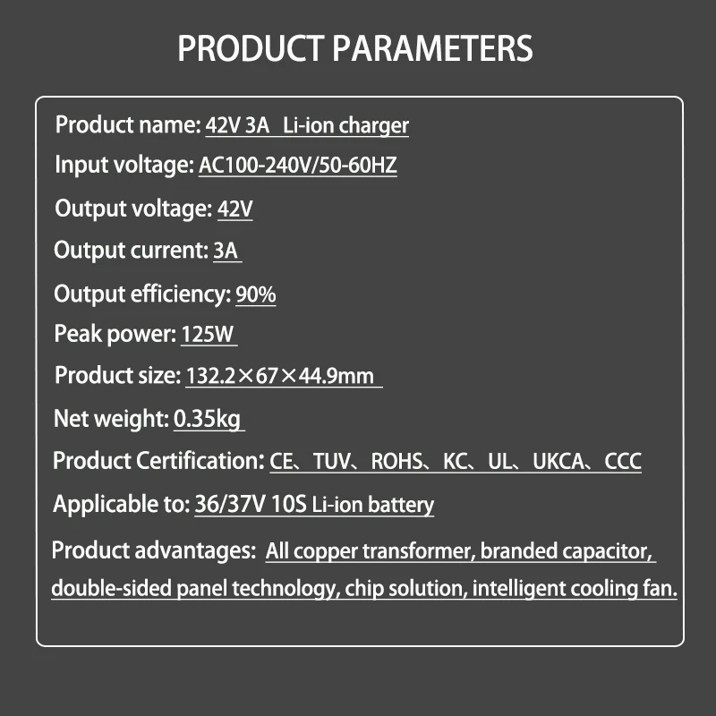 42V 3A Lithium Battery Charger for 10S 36V 37V Li-ion Battery pack Charger Optional DC/XLR/RCA/XT60/XT90/XIAOMI Connector Plug