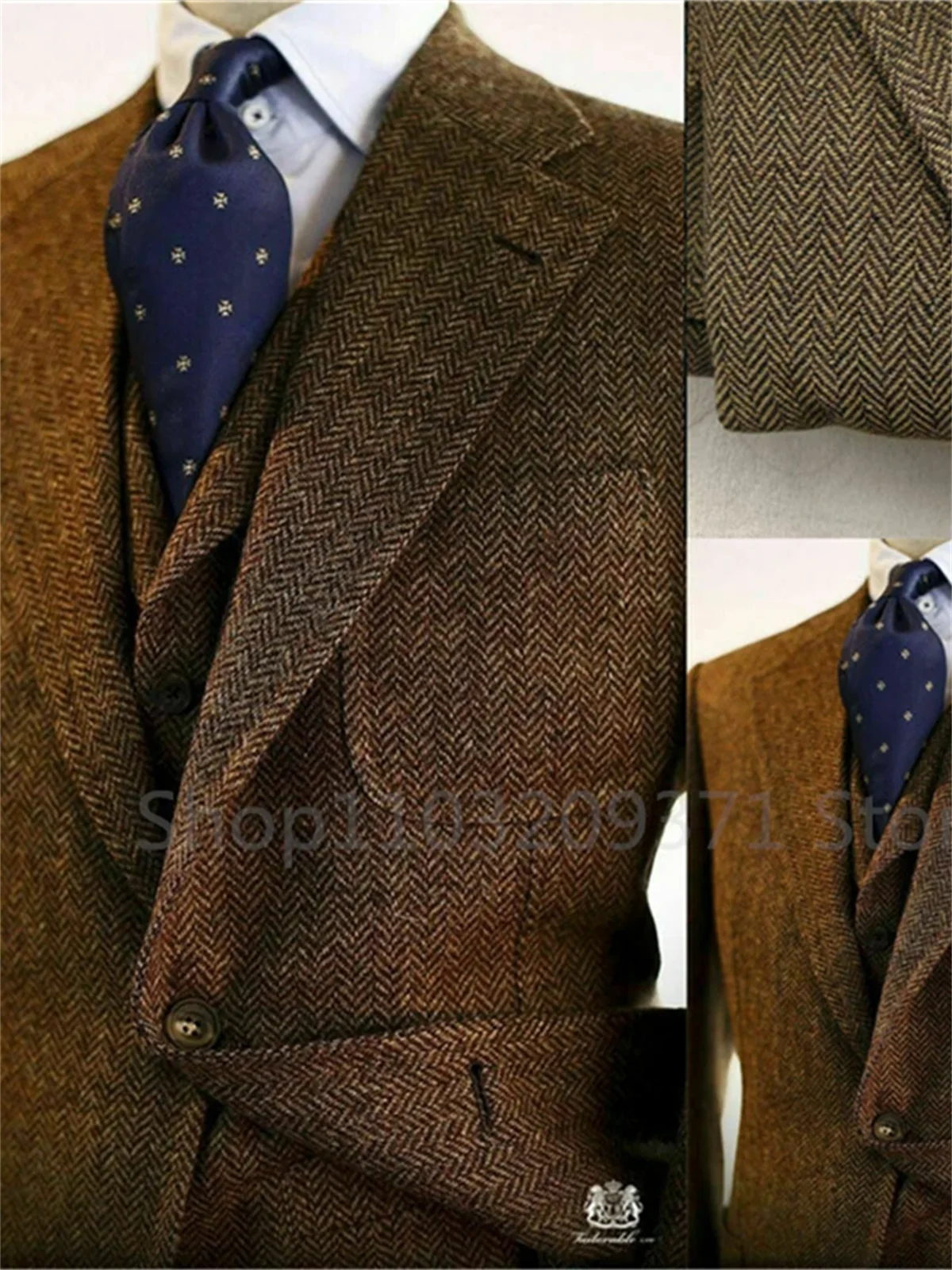 3 Pieces Men\'s Suits Tweed Herringbone Slim Fit Business Cauasl Waistcoat Jacket Groomsmen Wedding Suits(Blazer+vest+Pants)