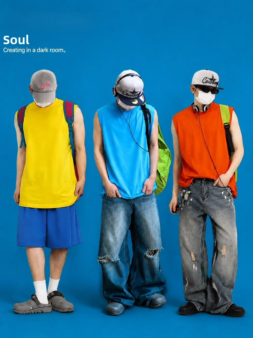 Interesting Soul Hip Hop Streetwear American Ameikakie Bright Color Couple Sleeveless Luxury Trendy Cotton round Neck T-Shirt