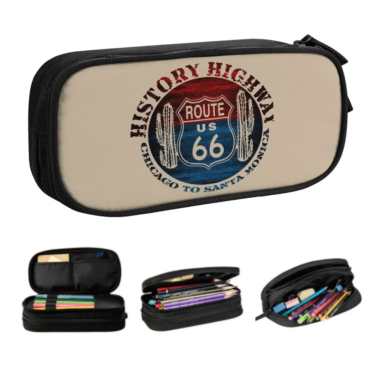 Route 66 The Great America Road Trip Perfect Pencil Case for Boys Large Storage Main Street of America Pencil Bag Stationery