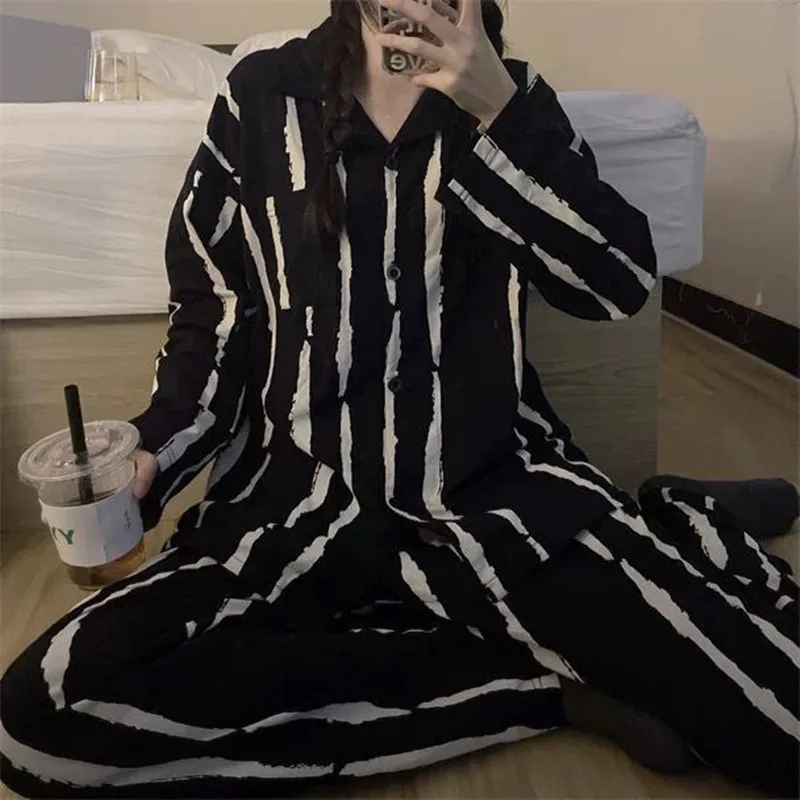 

Striped Pyjamas Ladies Black Long-Sleeved Senior Sense of Two-Piece Sleepwear Homewear Set Women Nightwear Fall and Winter