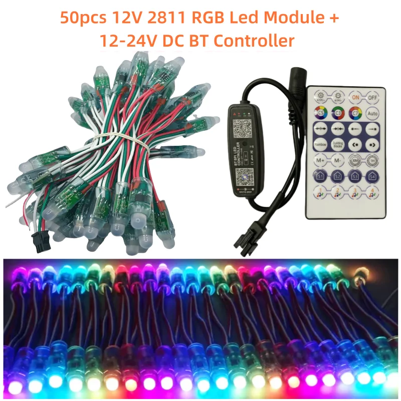 50pcs DC12V LED Pixel Module and 12-24V DC BT Controller Kit 12mm WS2811 RGB FullColor IP68 2811IC Digital LED Christmas Light