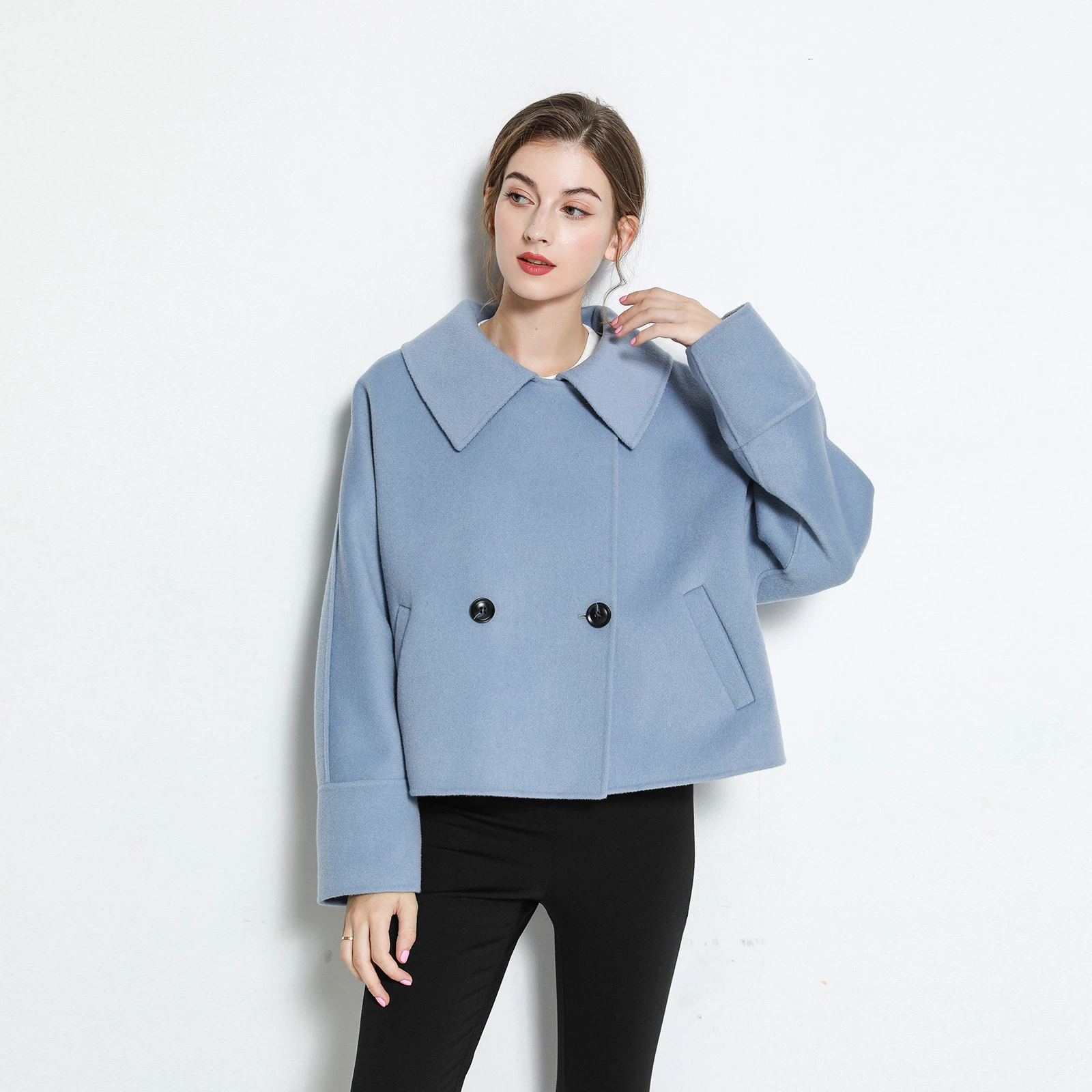 

Cloud Sea Blue Pure Wool Double-Faced Tweed ort Coat Outerwear Sli Silhouette Women's Winter Faion Commute Coat
