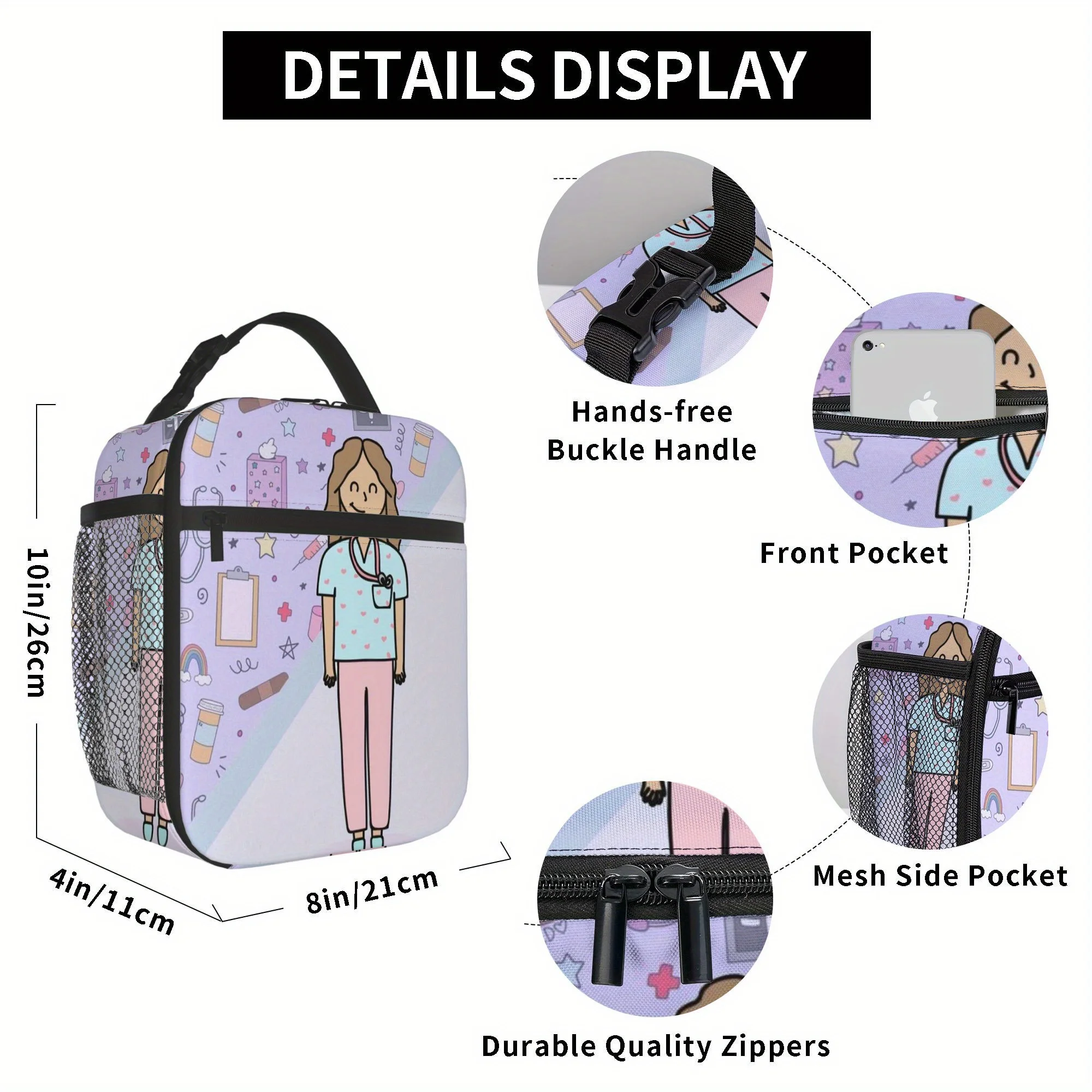 Cute Purple Doctor Nurse Dressed in A Soft-Colored Uniform Featuring Medical Printed Thermal Bag  Lunch Bag for Kids Back School