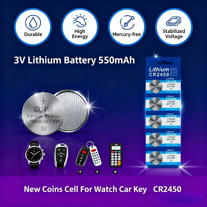 

Universal CR2450 Lithium Coin Cell Battery 3V | Fits DL2450 ECR2450, Ideal for Remotes, Toys, Weighing Scales