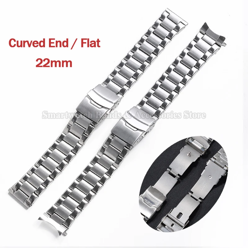 Stainless Steel Watch Band 22mm for Seiko Wrist Band for Rolex Replace Bracelet Curved End Flat Metal Folding Buckle Warch Strap