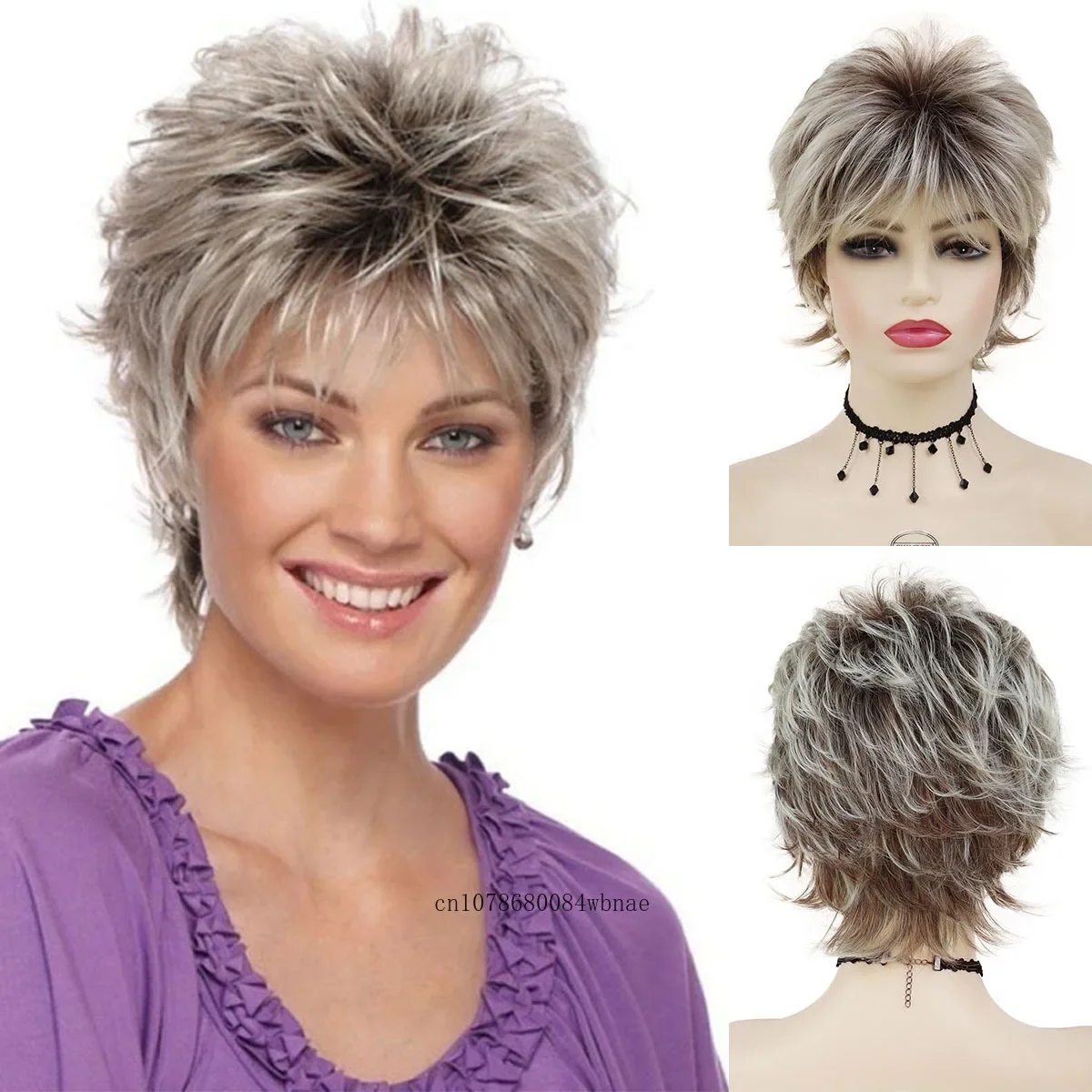 

Synthetic Fashion Charm Short Curly Blonde Mix Brown Wig with Bangs for Women Layered Pixie Cut Wigs Mommy Cosplay Daily Party