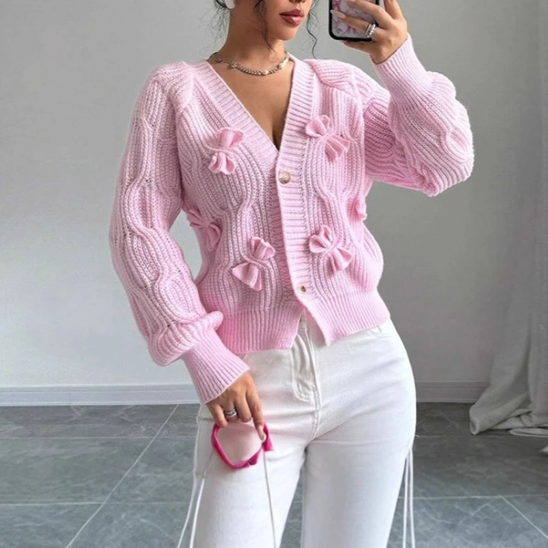 

Deeptown Sweet Bow Sweaters Cardigan Women Coquette Kawaii Pink Knitted Cardigan Long Sleeve Loose Casual Elegant Knitwear Coats