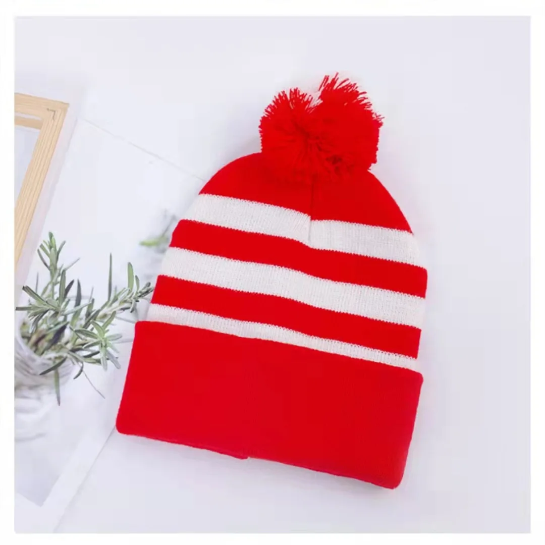 Men Women Christmas Decoration Colour Blocking Wool Cap Beanie Hat Halloween Striped Red Wool Ball Cap Knitted Cap Hot