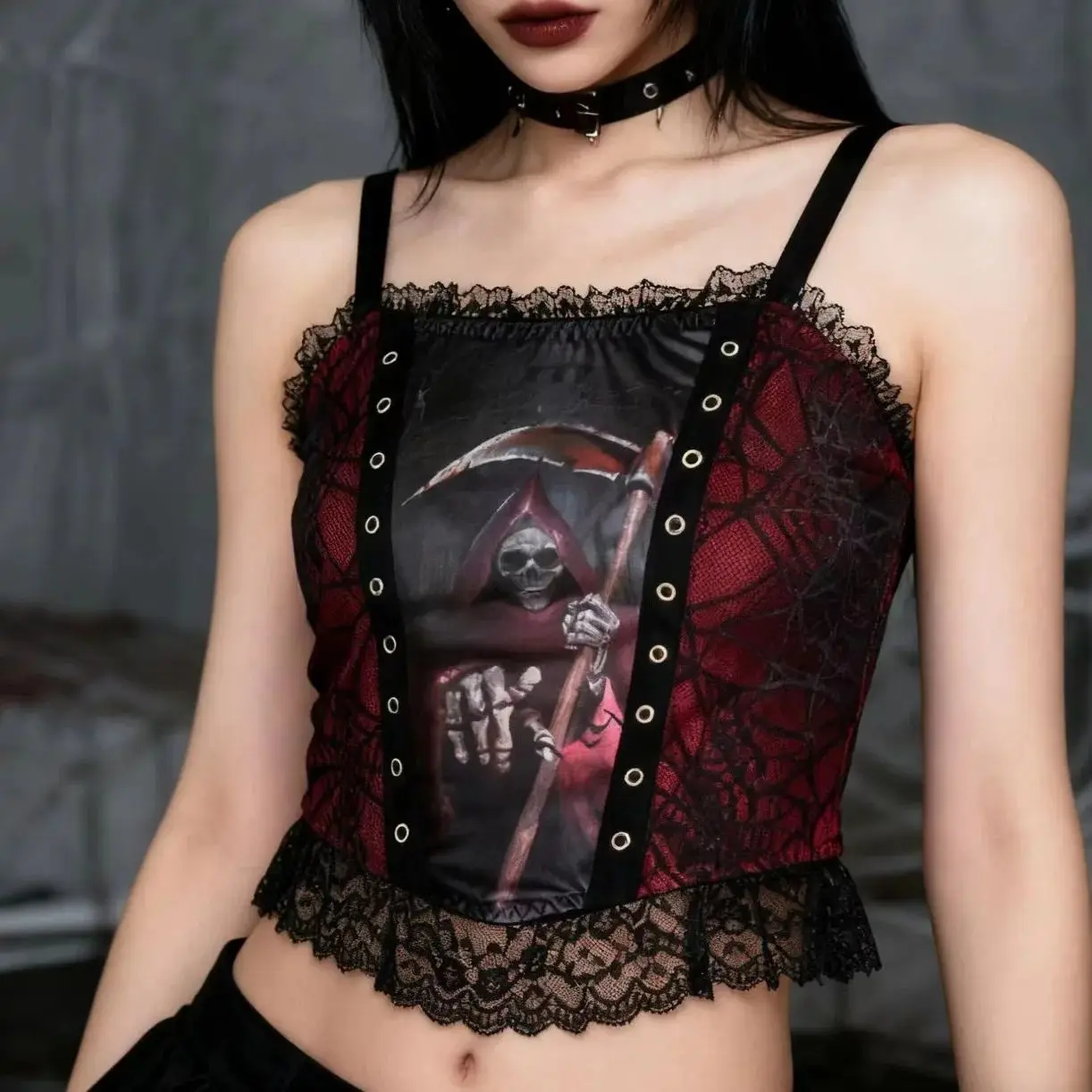 

Skeleton Print Crop Tops Punk Vest Sexy Corset Spider Web Gothic Cosplay Party Clothes Women Sling Camisole Y2k Hipster Tank Top