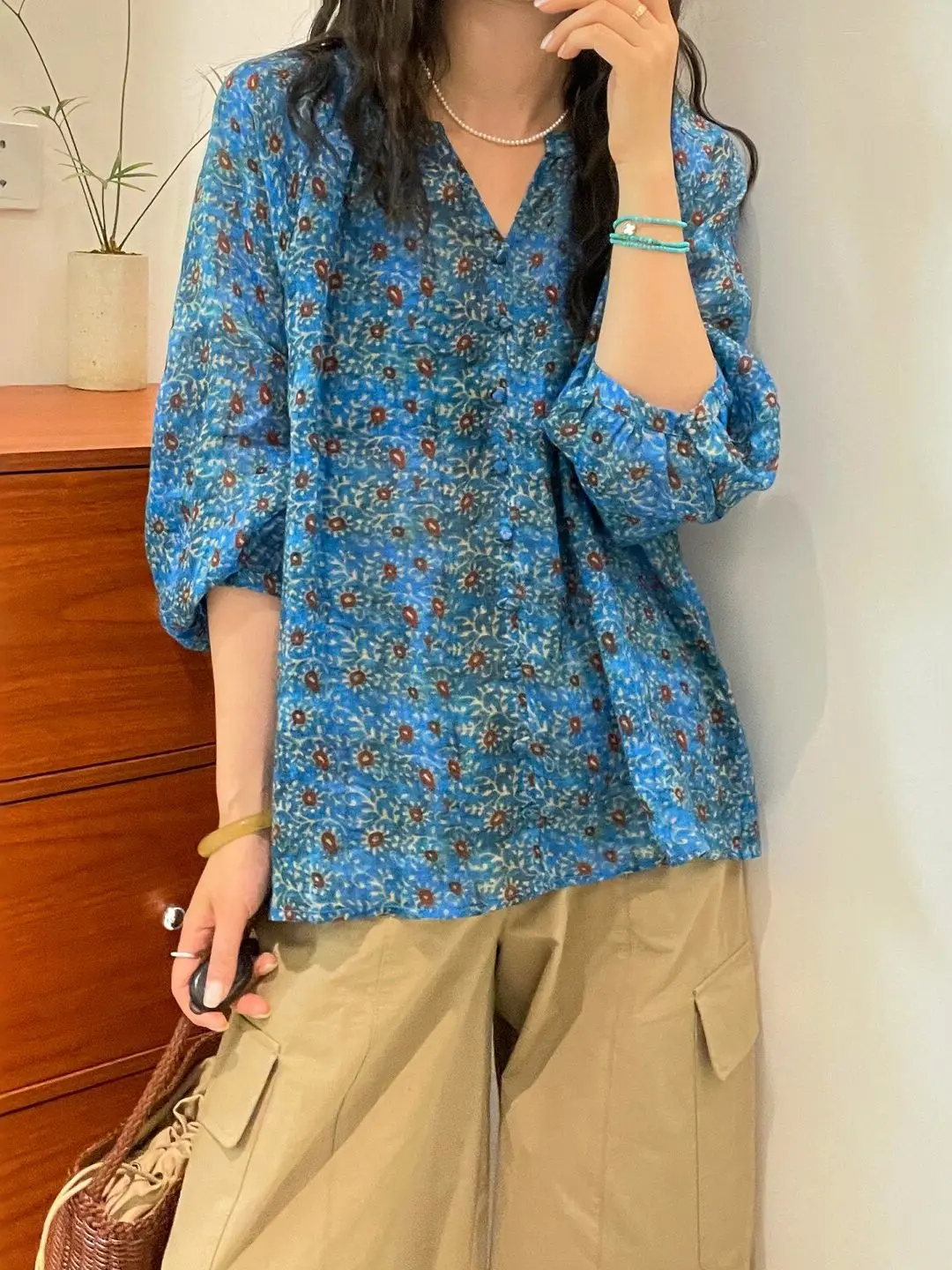Loose Floral Print V-Neck Long Sleeve Open Cardigan Women's plus Size Casual Breathable Polyester Cotton Blend Summer Top