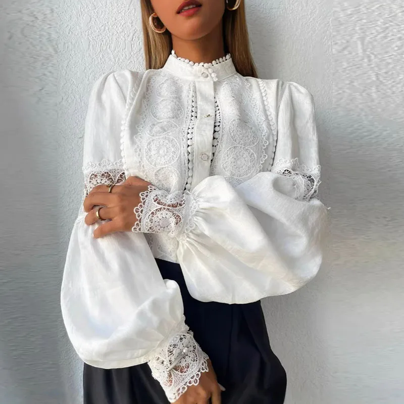 

Fashion White Black Women Shirt Blouse Long Sleeve Stand Collar Lace Shirt Blouse Women Tops Camisas De Mujer Shirts Blusa Q3499