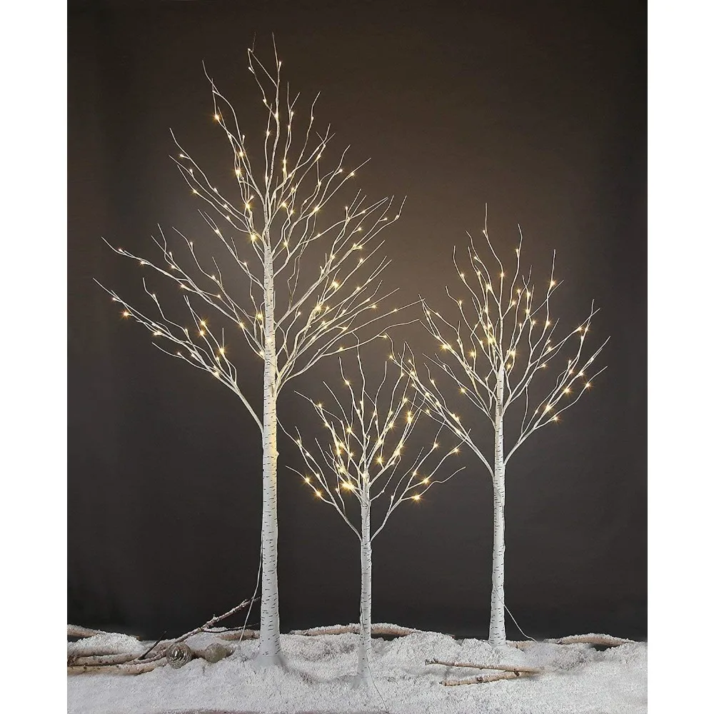 Birch Tree for Indoor and Outdoor Use, 4 feet, 6 feet and 8 feet, Warm White, for Home, Party, Christmas Decoration, Pack of 3