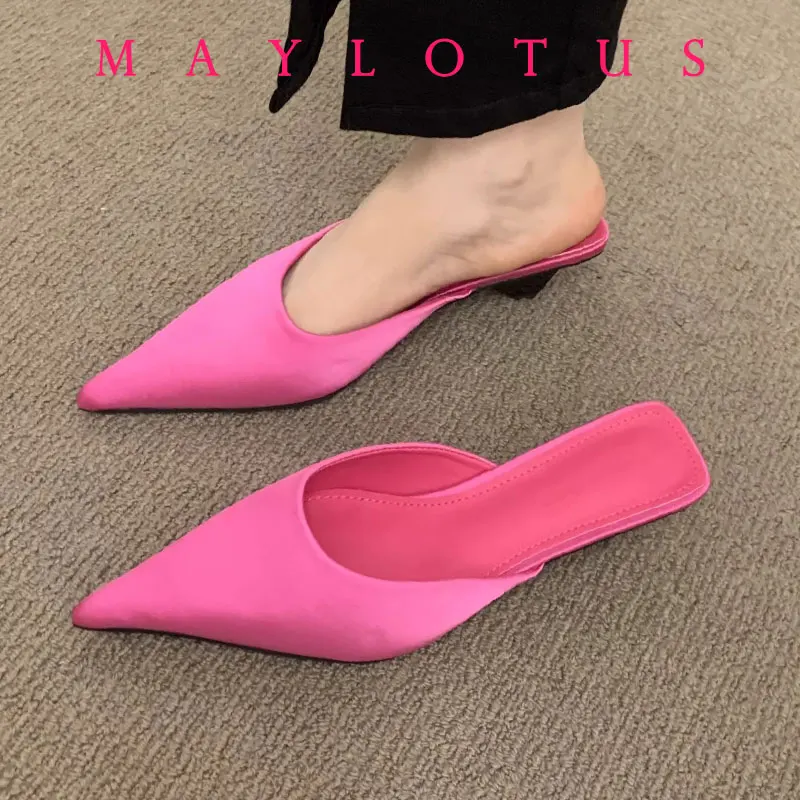 

2025 Pointed Toe Women Mules Slipper Fashion Candy Color Ladies Elegant Dress Sandal Square Low Heel Slip on Slides Shoes