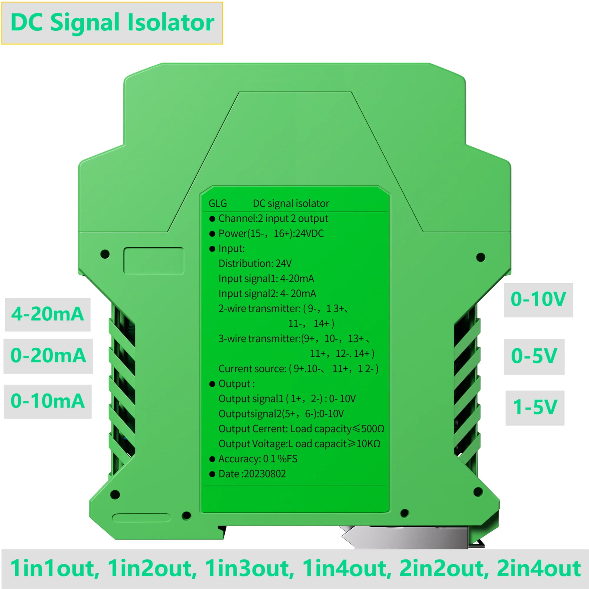 

DC Signal Isolator DC24V AC220V 4-20mA 0-20mA 0-10V 0-5V 1-5V Analog Signal Transmitter 1 In 1 Out 1 In 2 Out