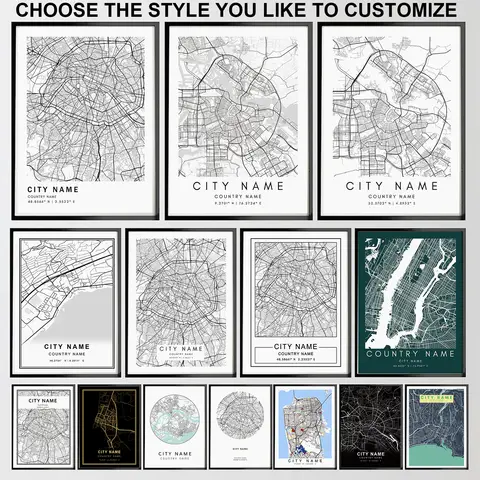 Custom Worldwide Any City Map Nordic Poster and Print Wall Art Canvas Painting Any Town City Wall Pictures for Living Room Decor