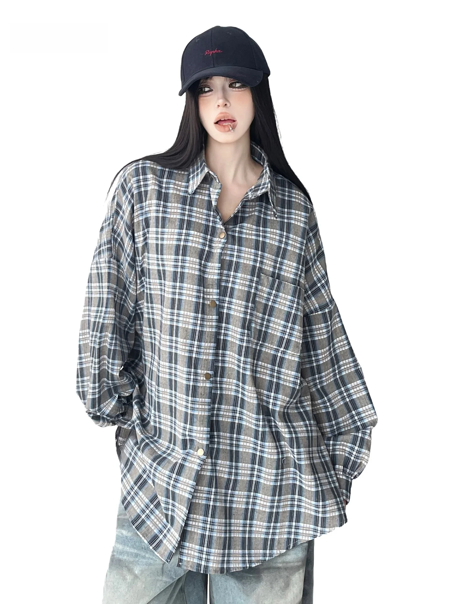 

Новинка 2026 года, женская тонкая повседневная куртка в клетку irt в американском стиле ретро, длинная смесь хлопка и полиэстера свободного покроя