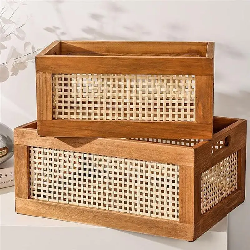 Vintage Solid Wood Storage Storage Baskets Bamboo Woven Toys Books Storage Bin Desktop Sundries Cosmetics Organizer