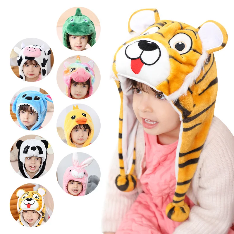 Kids Animal Warm Ski Cap Dinosaur Panda Rabbit Tiger Baby Earflap Headgear Infant Little Duck Halloween Costume Hat For Winter