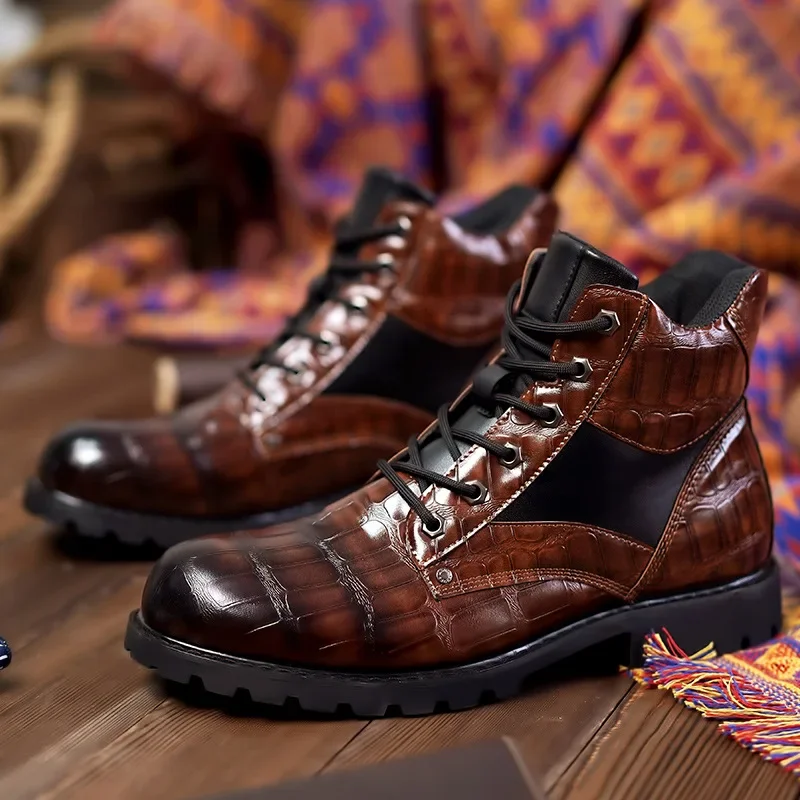 Men High Top Boots Leather Round Toe Grid Pattern Square Heel Males Shoes Exquisite Leisure Design Men Boots Cowboy Boots 38-48