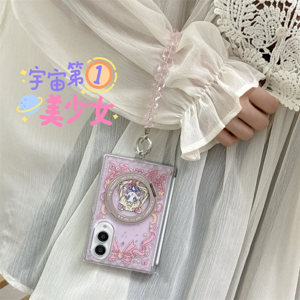 Kawaii bowknot pink Girl Magnetic Phone Case for Samsung Galaxy Z Fold 8 Ultra zfold 8 7 6 5 Cover For Magsafe Stand Chain