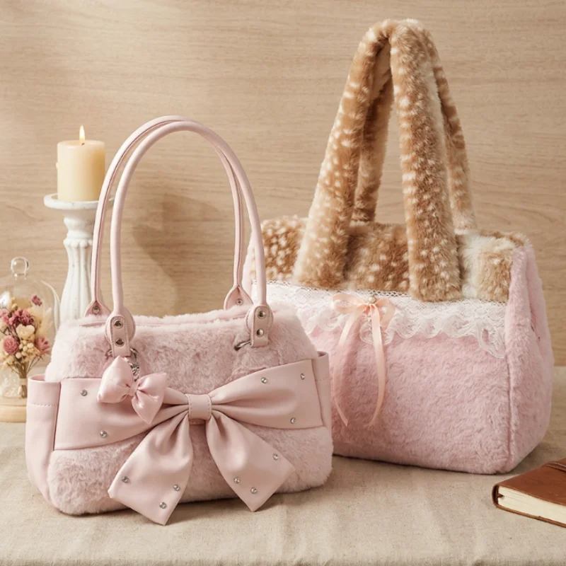Autumn Plush Pink Shoulder Bag Fashion Fluffy Plush Cute Deer Spots Tote Bags Women's Exquisite Lace Ribbon Bow Lolita Handbag