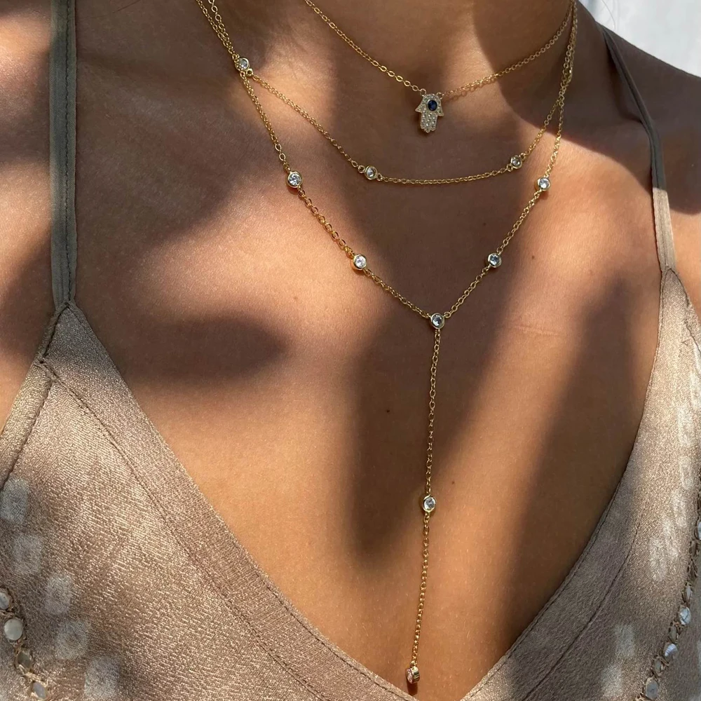 

100% 925 Sterling Silver Gold Color Lariat Necklace for Women Dainty Y Shape Layered Long Necklaces Pave CZ Drop Jewelry Gift