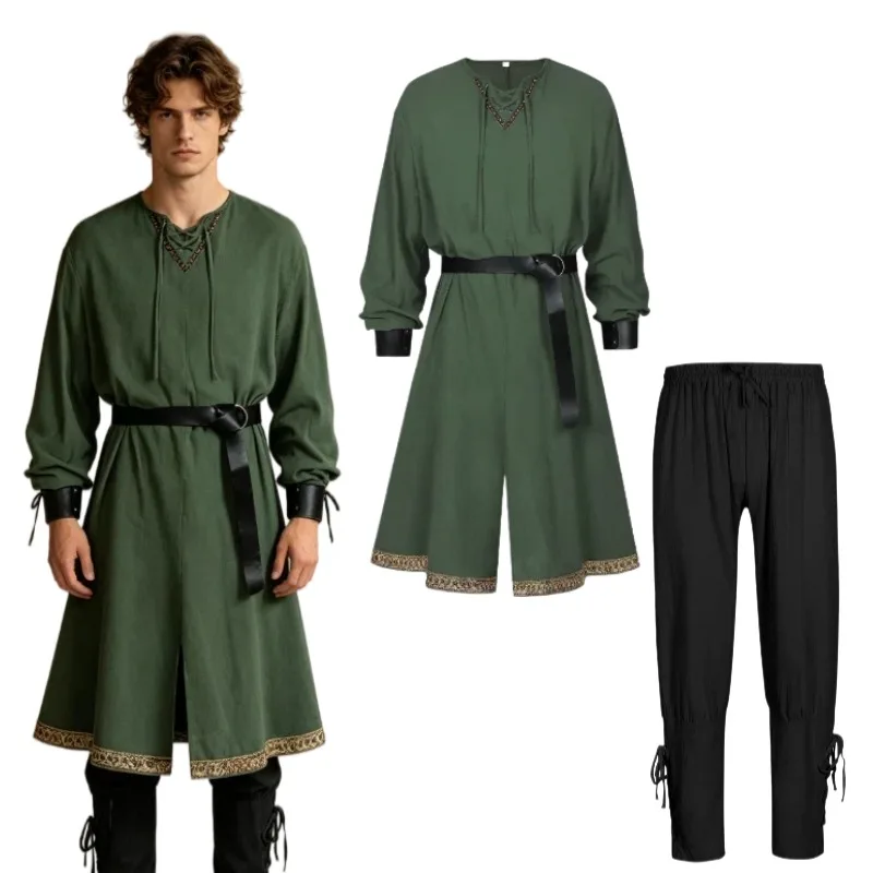 Disfraz de Pirata Medieval para Hombre, Camisa de Manga Larga, Túnica Vikinga con Cinturón, Protectores de Brazos, Conjunto de Pantalones, Disfraz de Caballero Renacentista