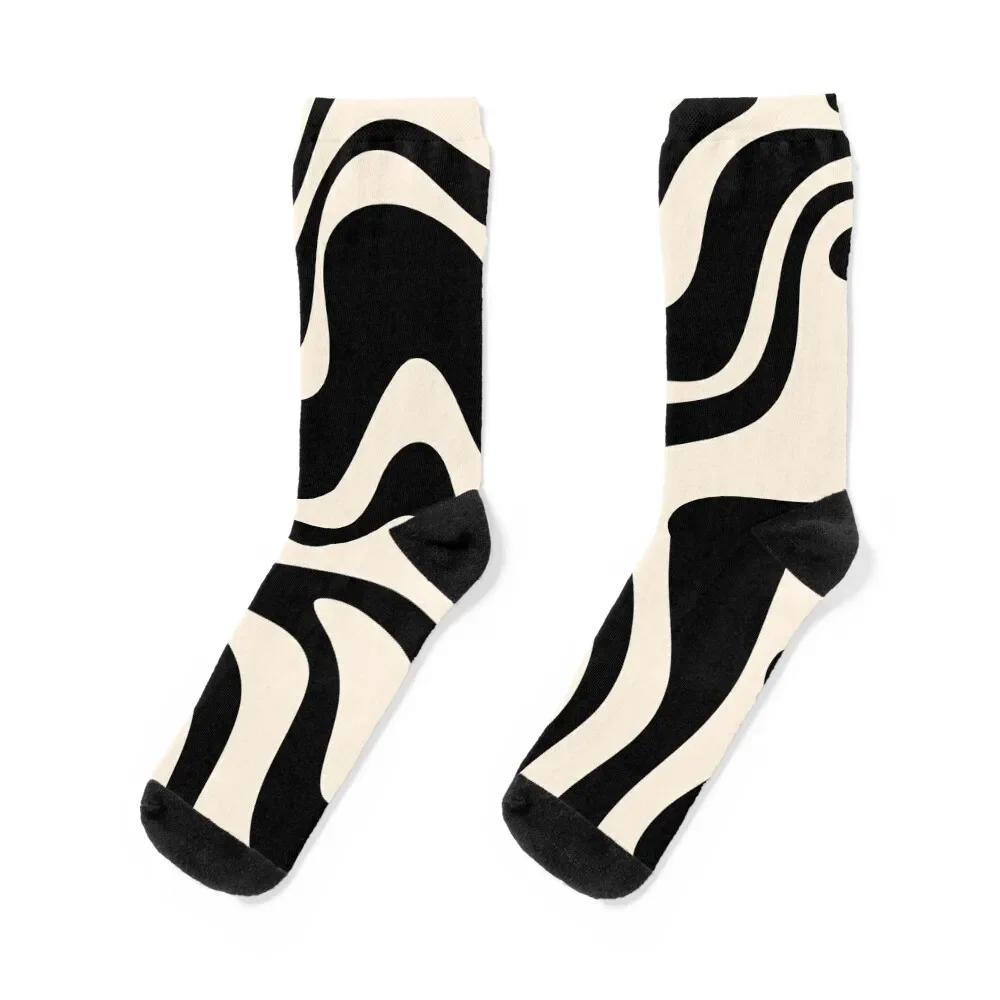 Retro Liquid Swirl Abstract Pattern in Black and Almond Cream Socks compression hiking Soccer Socks Man Women's