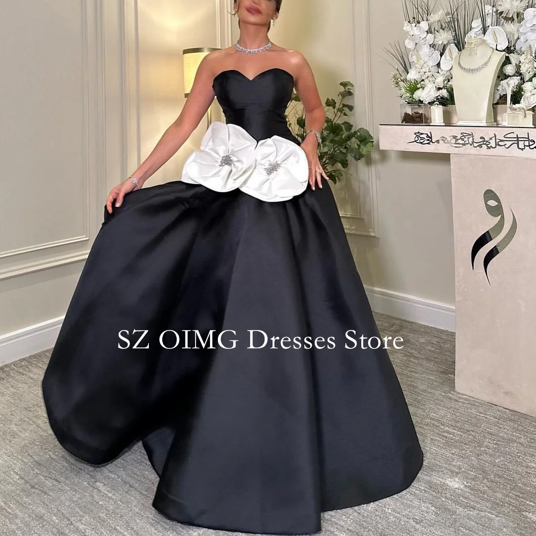 

OIMG New Design Sweetheart Prom Dresses A-Line Saudi Arabic Women Black Satin Sleeveless Evening Gowns Formal Party Dress