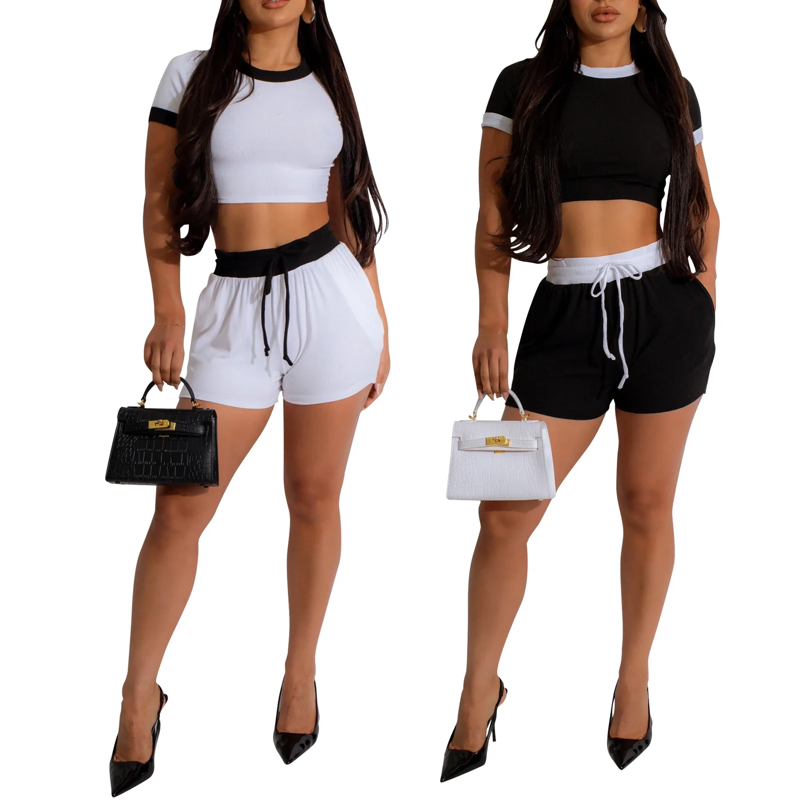 

Shorts Pant Set Women Two Piece Sets Round Neck Tops Sexy Short Pants Lace Up Elastic Waist Y2k Streetwear Casual Spring 2026