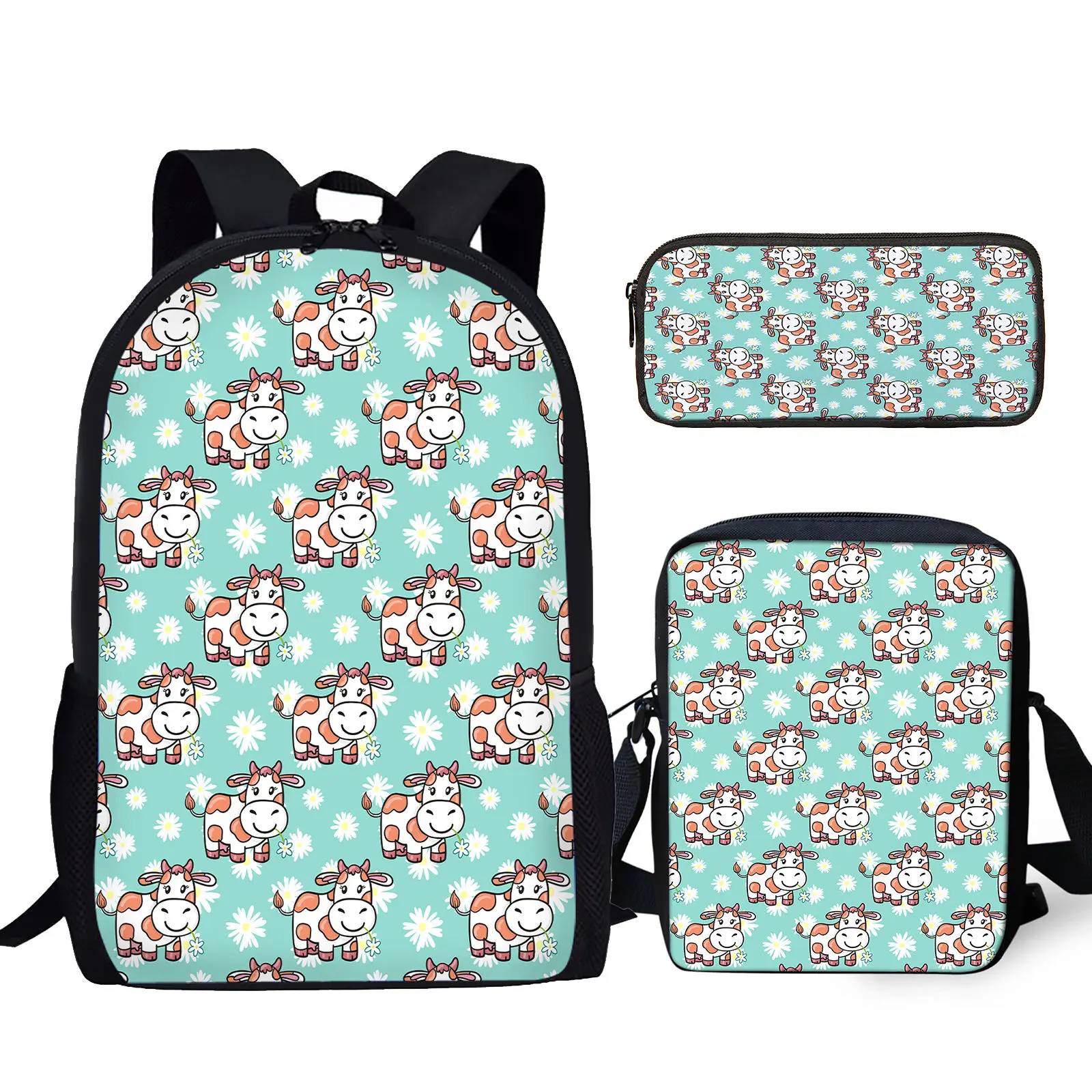 Mochila escolar con estampado de dibujos animados para niños y niñas, paquete de regalo de regreso a la escuela con textura de vaca en blanco y negro, almacenamiento diario, 3 piezas