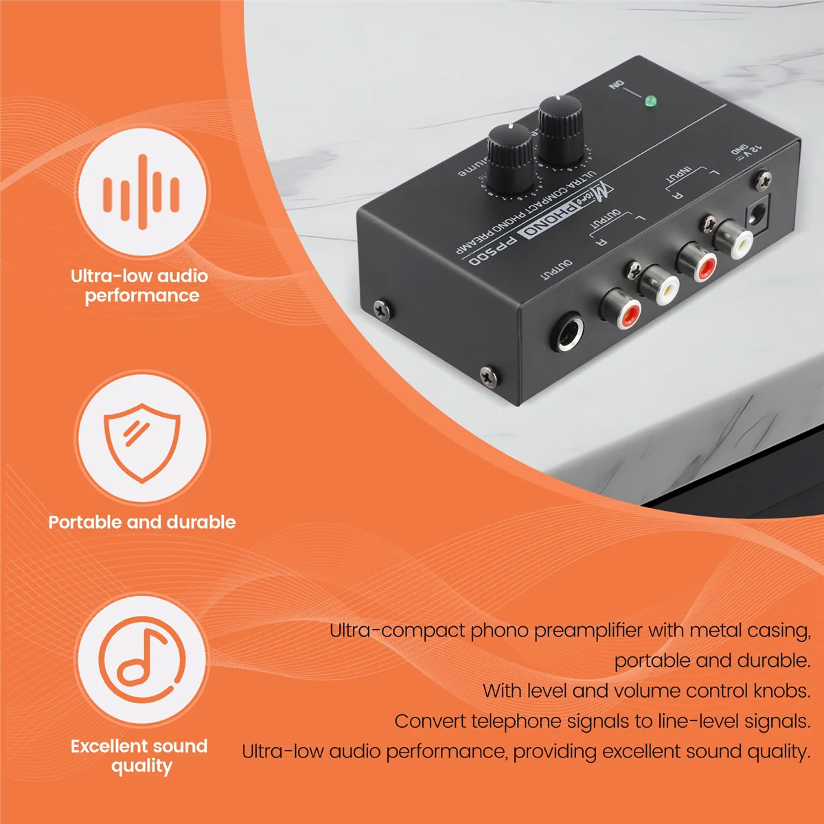 Ultrakompakter Phono-Vorverstärker PP500 mit Bass-Höhen-Balance, Lautstärkeregelung, Vorverstärker, Plattenspieler, Preamplificador, US-Stecker