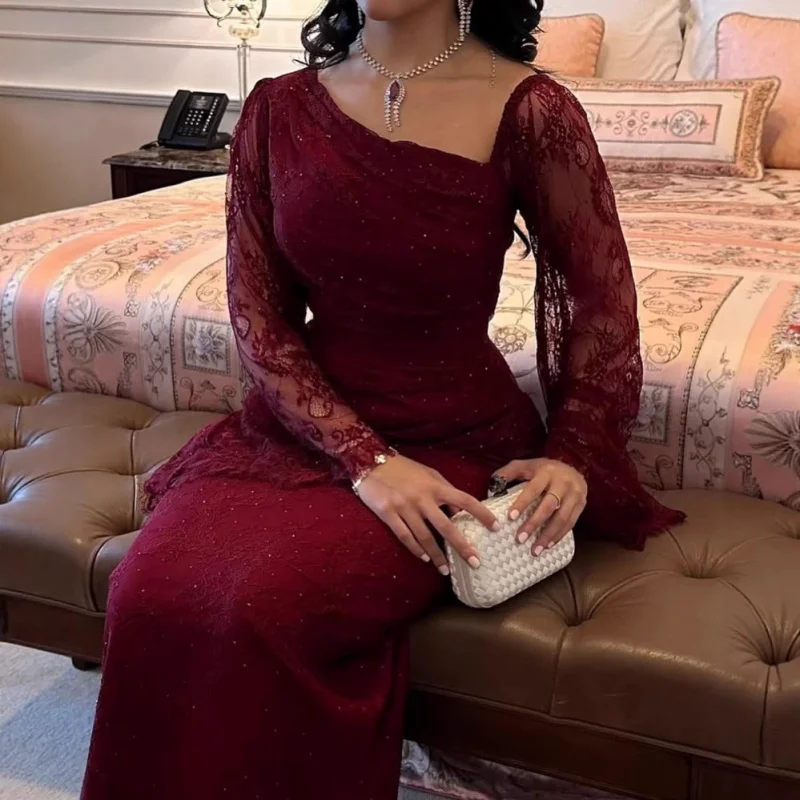 فستان سهرة نسائي ربيعي أوروبي وأمريكي وشرقي أوسط لعام 2025 أنيق من الدانتيل الساخن الماسي ملفوف بمؤخرة