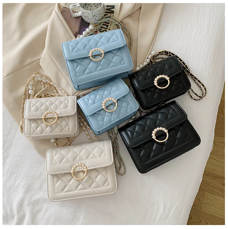 Shoulder Bags for Women Pearls Fashion Diamond Lattice PU Hand Bag Femme Cross Body Chain OL Temperament Luxury Mini Flap Trendy