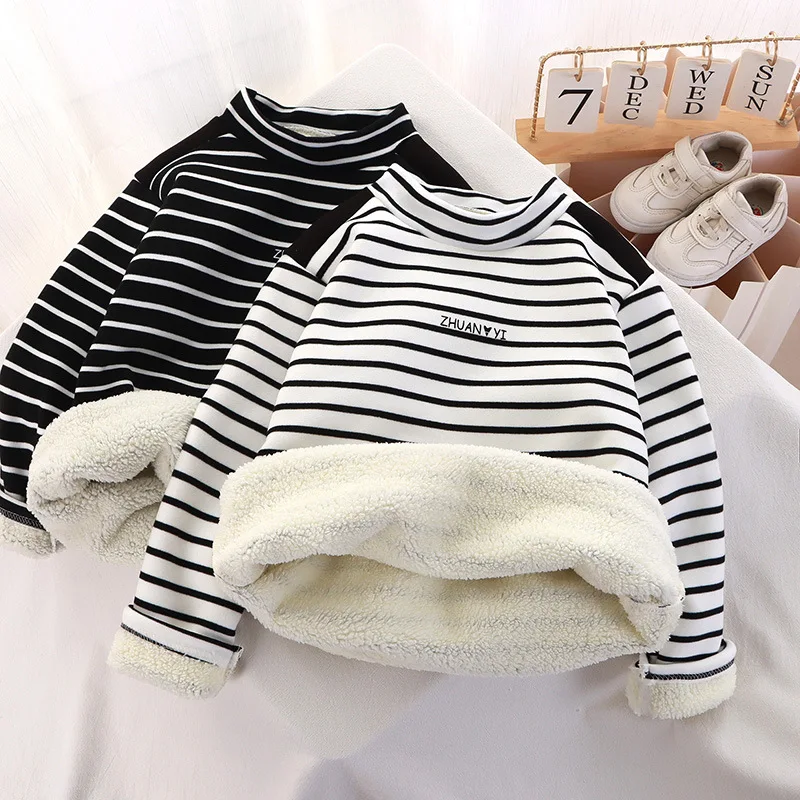 New Girls Padded Bottoming Shirt Boys Striped Turtleneck Jumper Autumn Winter Children Warm Fashion Casual Long-Sleeved Sweater