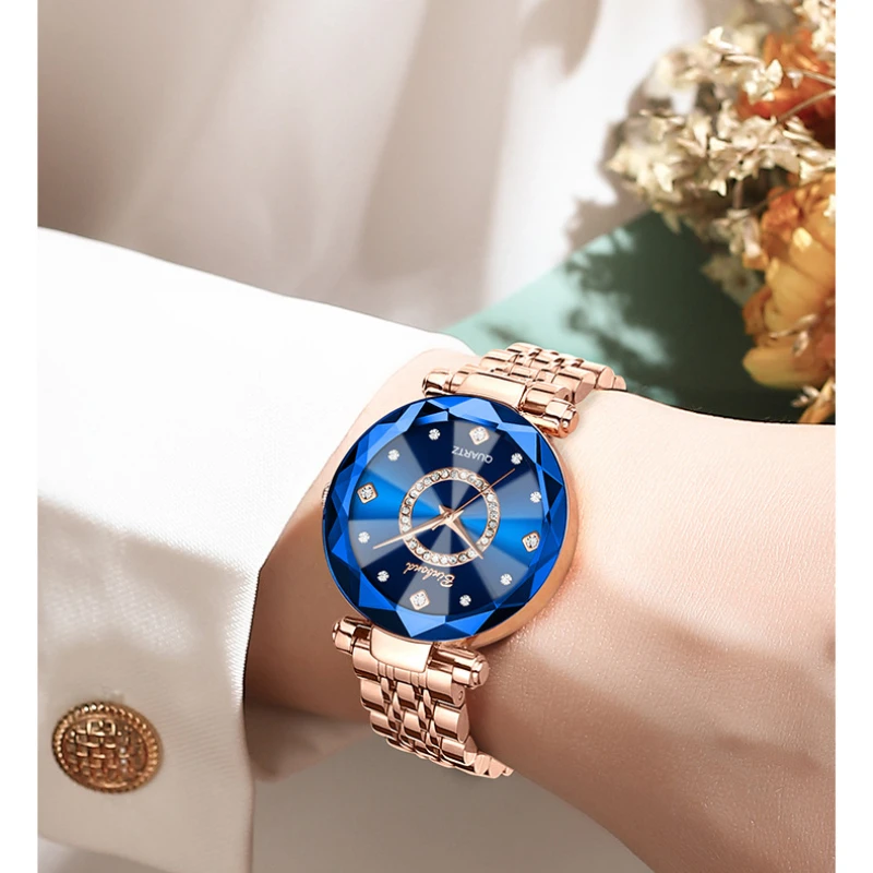 BINBOND 106 Ocean Heart Starry Sky Sparkling Multi Edged Glass Solid Precision Steel Strip Waterproof Women's Watch Reloj Mujer