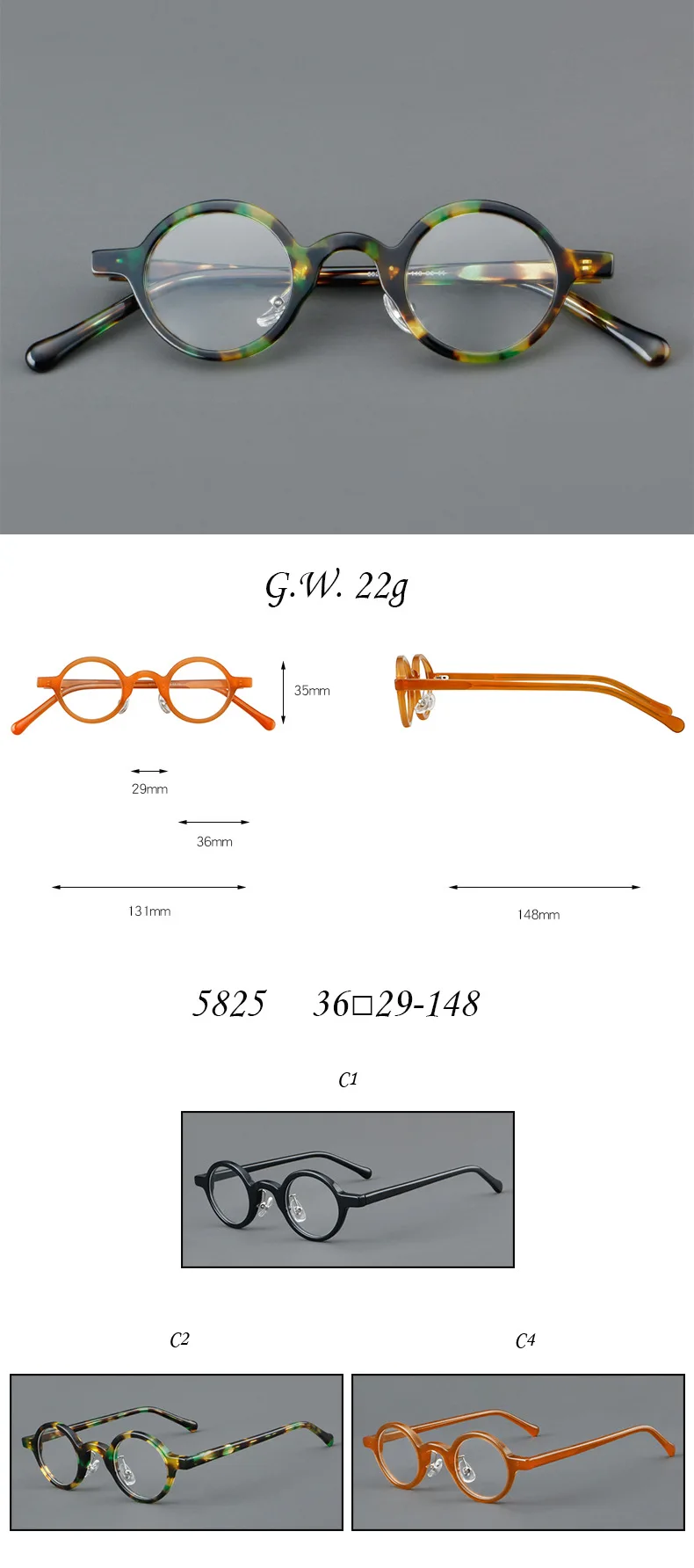 Vcka Vintage Acetat Myopie Brille Rahmen Männer kleine runde verschreibung pflicht ige Brille Frauen Retro Luxus Brillen-0,50 bis-10 – Detail 1
