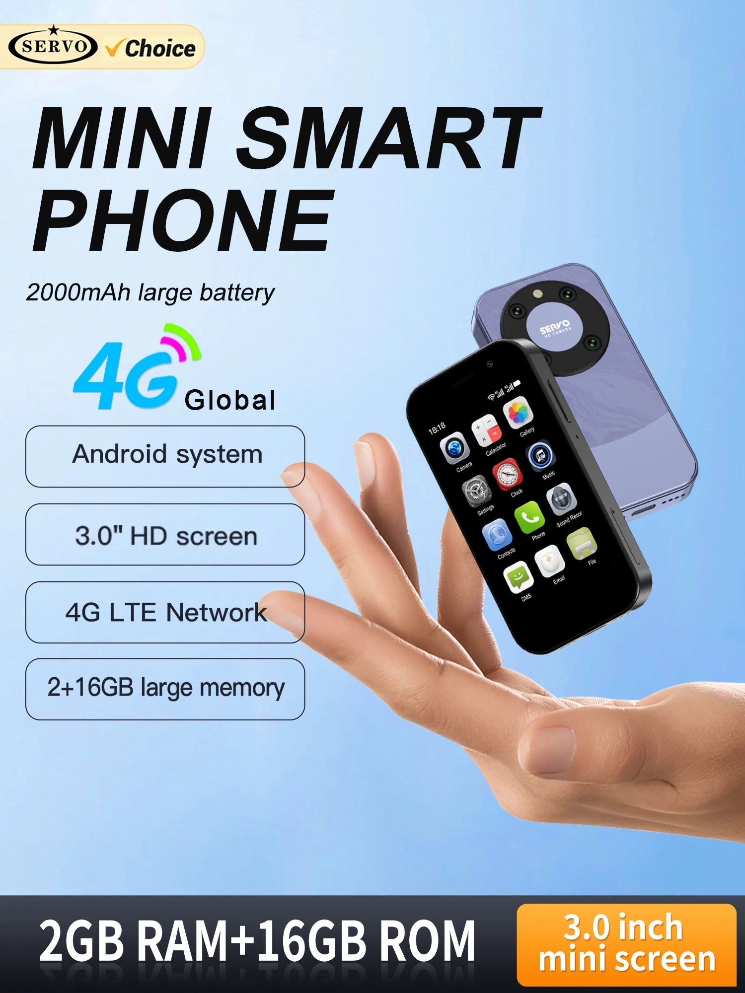 SERVO KING9000 4G LTE Mini Smartphone Android-systeem RAM 2GB ROM 16GB Google Play WhatsAPP Hotspot 2 SIM Pocket Kleine mobiele telefoons - afbeelding 2